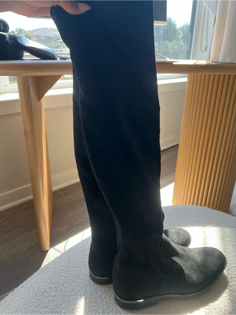 Marc Fisher Black Over-the-Knee Stretch Boots with Metallic Heel Accent